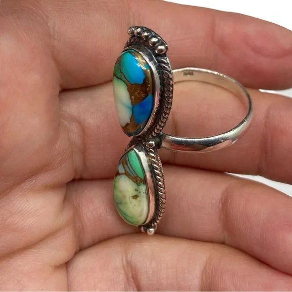 Peacock Dahlia Kingman Turquoise Ring Size 10.5 Solid 925 Sterling Silver Green - Picture 8 of 9